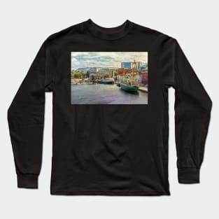 Vintage Ships at Stavanger digital art Long Sleeve T-Shirt